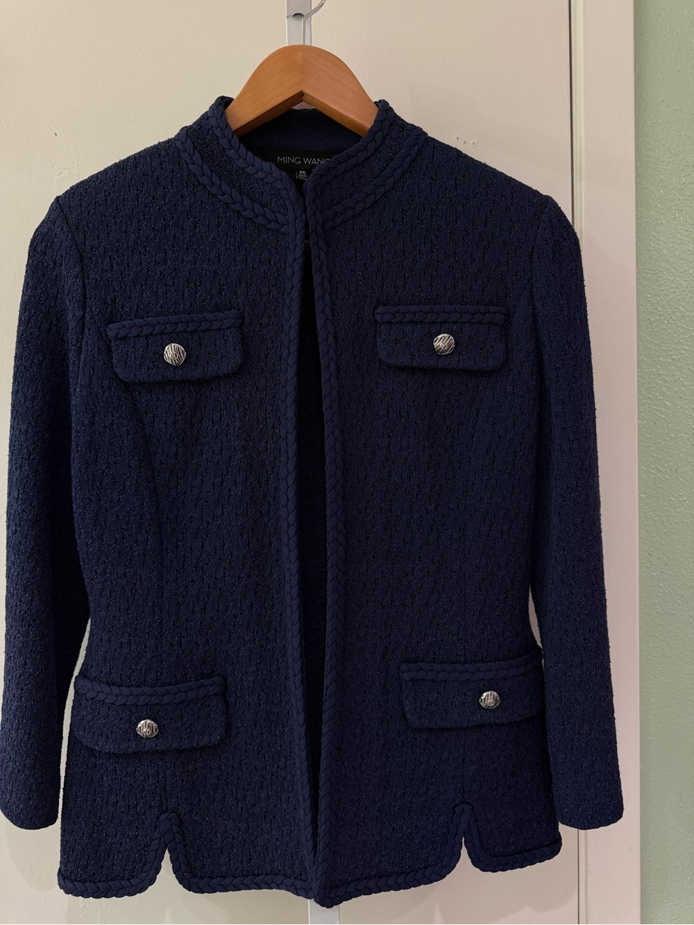 NWOT Ming Wang Navy Braided-Trim Knit Jacket